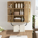 Armário de Banheiro de Rattan Montado na Parede com Barra de Toalha, Porta Arqueada e Prateleiras Ajustáveis, Organizador de Armazenamento Economizador de Espaço para Banheiro, Cozinha ou Lavanderia, Acabamento Natural